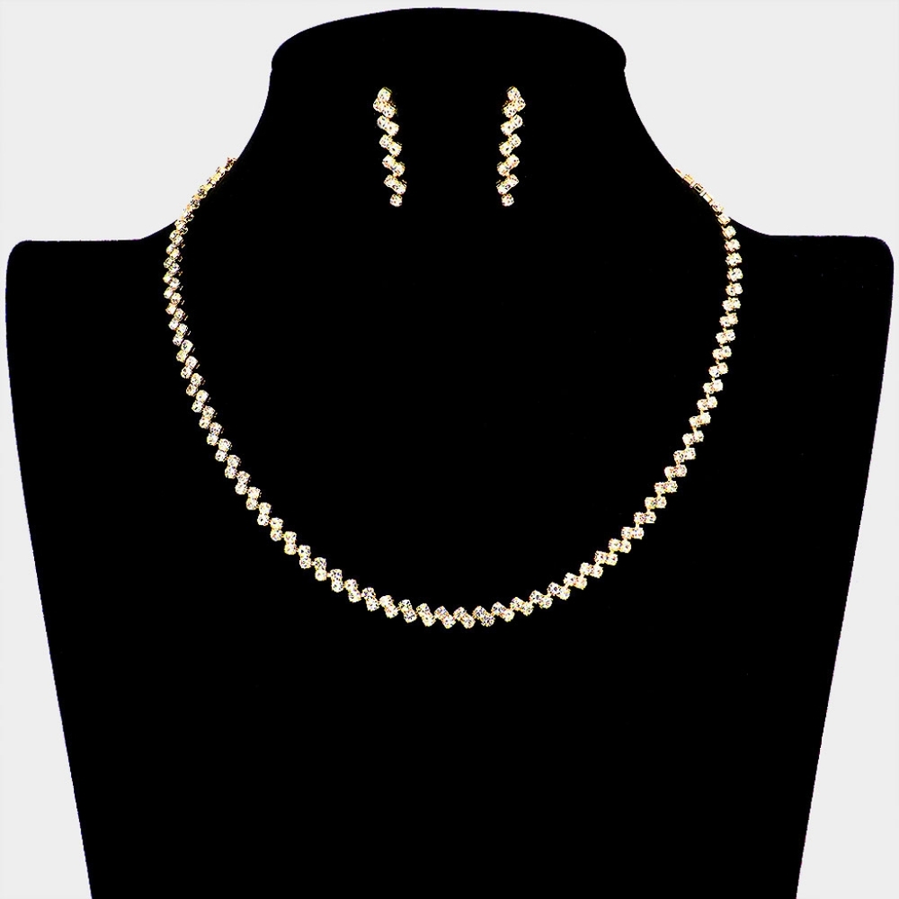 Gold Rhinestone Crystal Necklace Chain Set Simple Black Tie Formal Jewelry